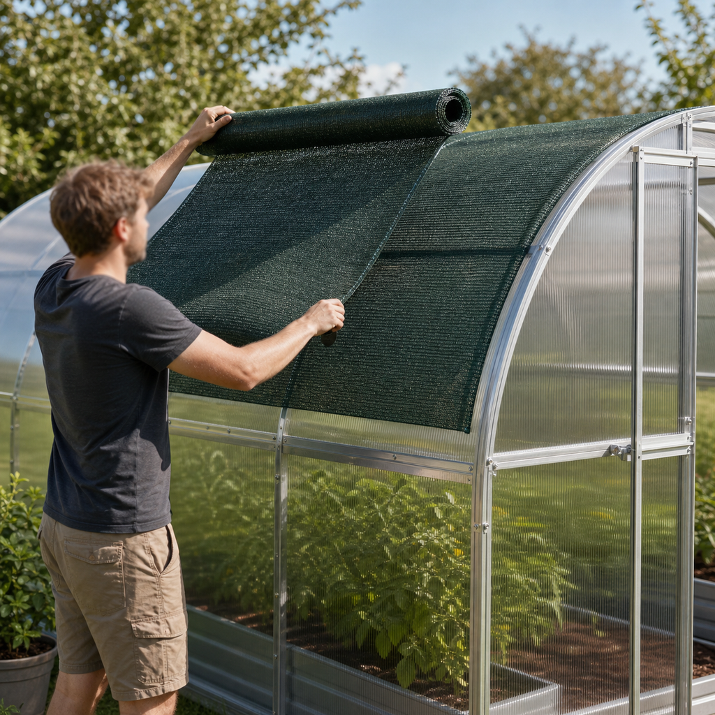 Déroulage d'une toile d'ombrage verte sur une serre de jardin