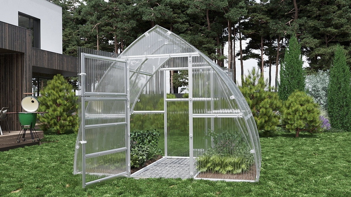 Serre de jardin L'Apogée en polycarbonate, façade avec porte ouverte